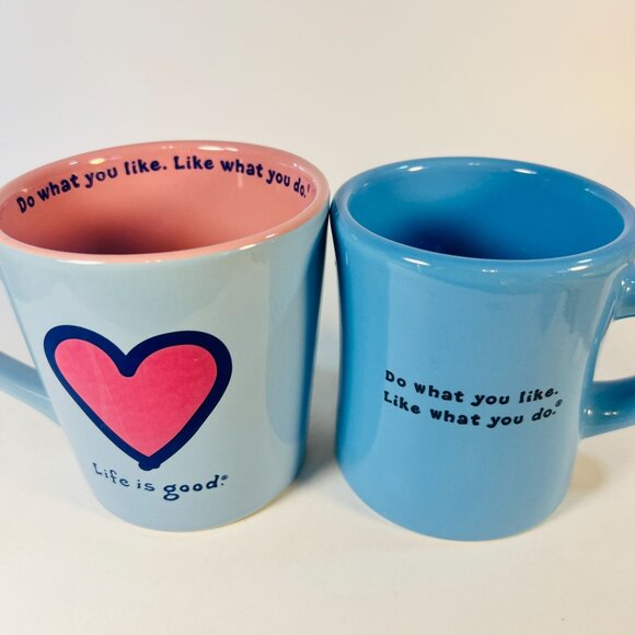 Life Is Good Ceramic Mug Set of 2 Heart & Flower Designs "Do what you like." - Picture 2 of 3